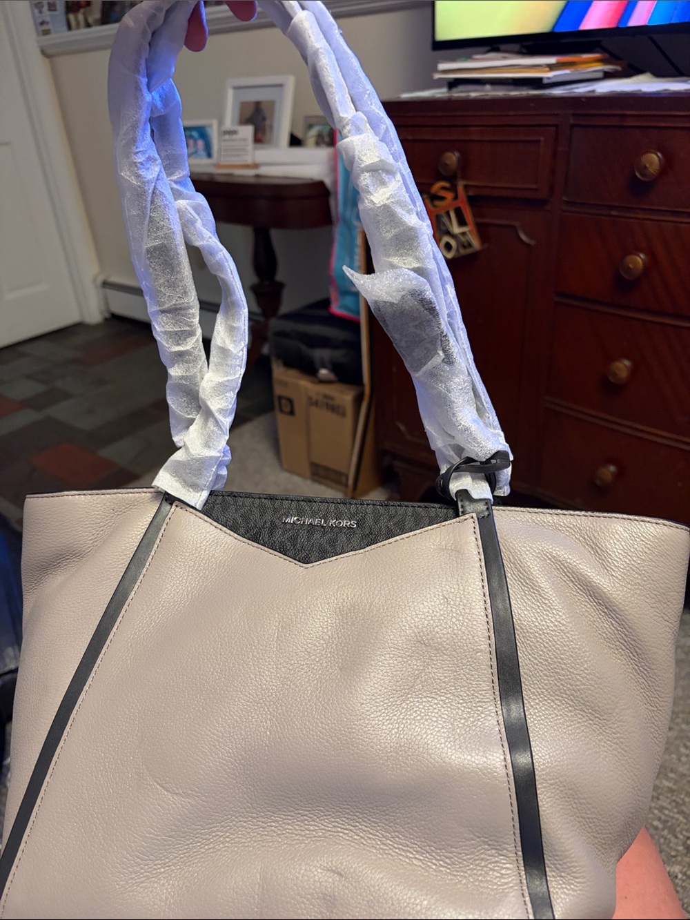 Michael Kors Light Taupe Leather Tote with Black Trim